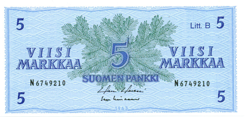 5 Markkaa 1963 Litt.B N6749210 kl.8-9